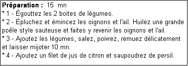 Zone de Texte: Prparation :  15  mn
* 1 - gouttez les 2 boites de lgumes.
* 2 - pluchez et mincez les oignons et l'ail. Huilez une grande pole style sauteuse et faites y revenir les oignons et l'ail.
* 3 - Ajoutez les lgumes, salez, poivrez, remuez dlicatement et laisser mijoter 10 mn.
* 4 - Ajoutez un filet de jus de citron et saupoudrez de persil.
 