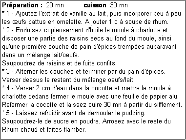 Zone de Texte: Prparation :  20 mn          cuisson :30 mn
* 1 - Ajoutez l'extrait de vanille au lait, puis incorporer peu  peu les ufs battus en omelette. A jouter 1 c  soupe de rhum.
* 2 - Enduisez copieusement d'huile le moule  charlotte et disposer une partie des raisins secs au fond du moule, ainsi qu'une premire couche de pain d'pices trempes auparavant  dans un mlange lait/oeufs.
Saupoudrez de raisins et de fuits confits.
* 3 - Alterner les couches et terminer par du pain d'pices.
Verser dessus le restant du mlange oeufs/lait.
* 4 - Verser 2 cm d'eau dans la cocotte et mettre le moule  charlotte dedans fermer le moule avec une feuille de papier alu.
Refermer la cocotte et laissez cuire 30 mn  partir du sifflement.
* 5 - Laissez refroidir avant de dmouler le pudding.
Saupoudrez-le de sucre en poudre. Arrosez avec le reste du Rhum chaud et faites flamber.